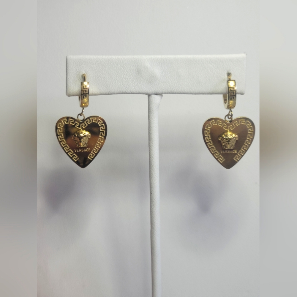 Copy, inspired by Versace; Gold Heart-Shaped Earrings with Textured Design